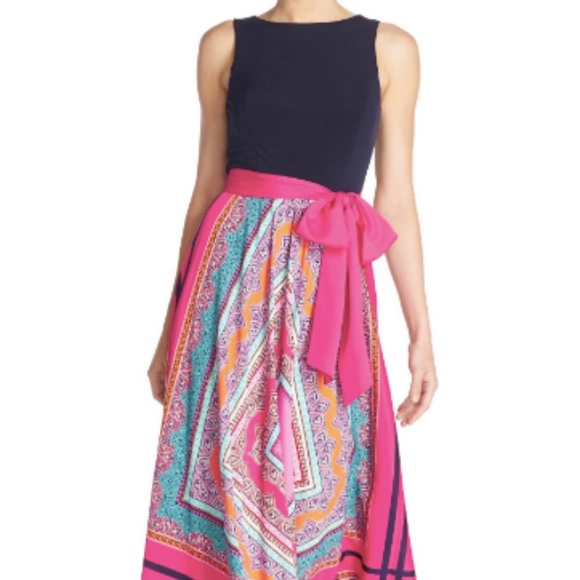 scarf print jersey & crêpe de chine maxi dress eliza j